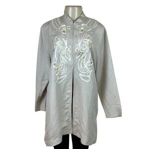 American Glamour Badgley Mischka Womens Beige Embellished Longline Blouse Size X
